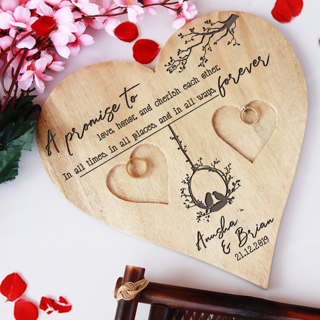 A Promise To Love Heart Ring Holder - Wooden Wedding Ring Holder & Engagement Tray
