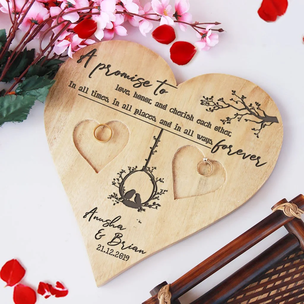 A Promise To Love Heart Ring Holder - Wooden Wedding Ring Holder & Engagement Tray - Image 2