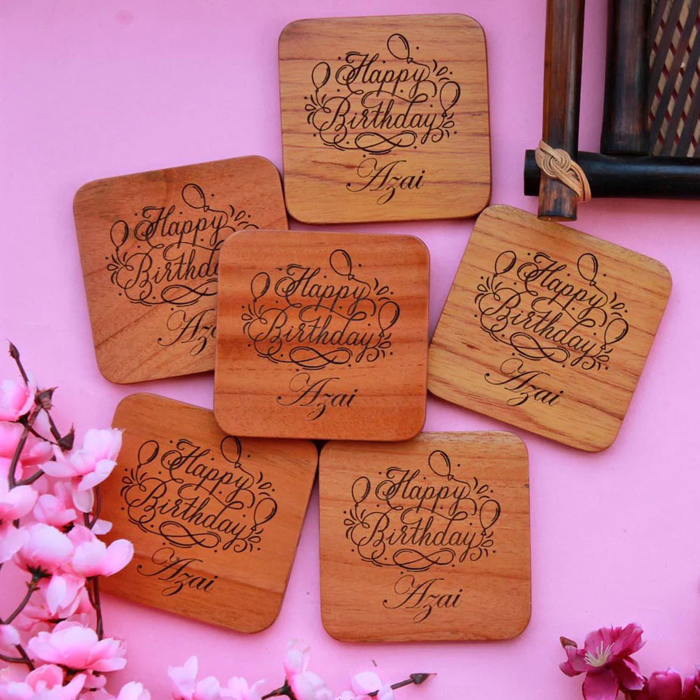 Happy Birthday Wooden Coaster Set With Holder - Image 2