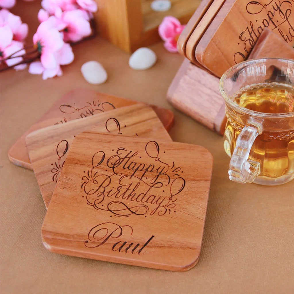 Happy Birthday Wooden Coaster Set With Holder - Image 5