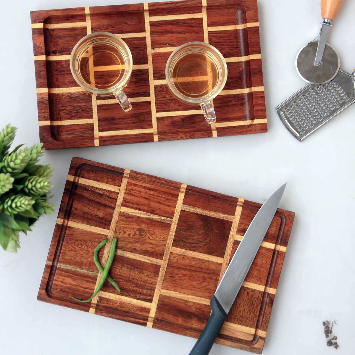 Brick Design Wood Tray & Chopping Board: Set of 2 | Anniversary Gift Set - Image 2