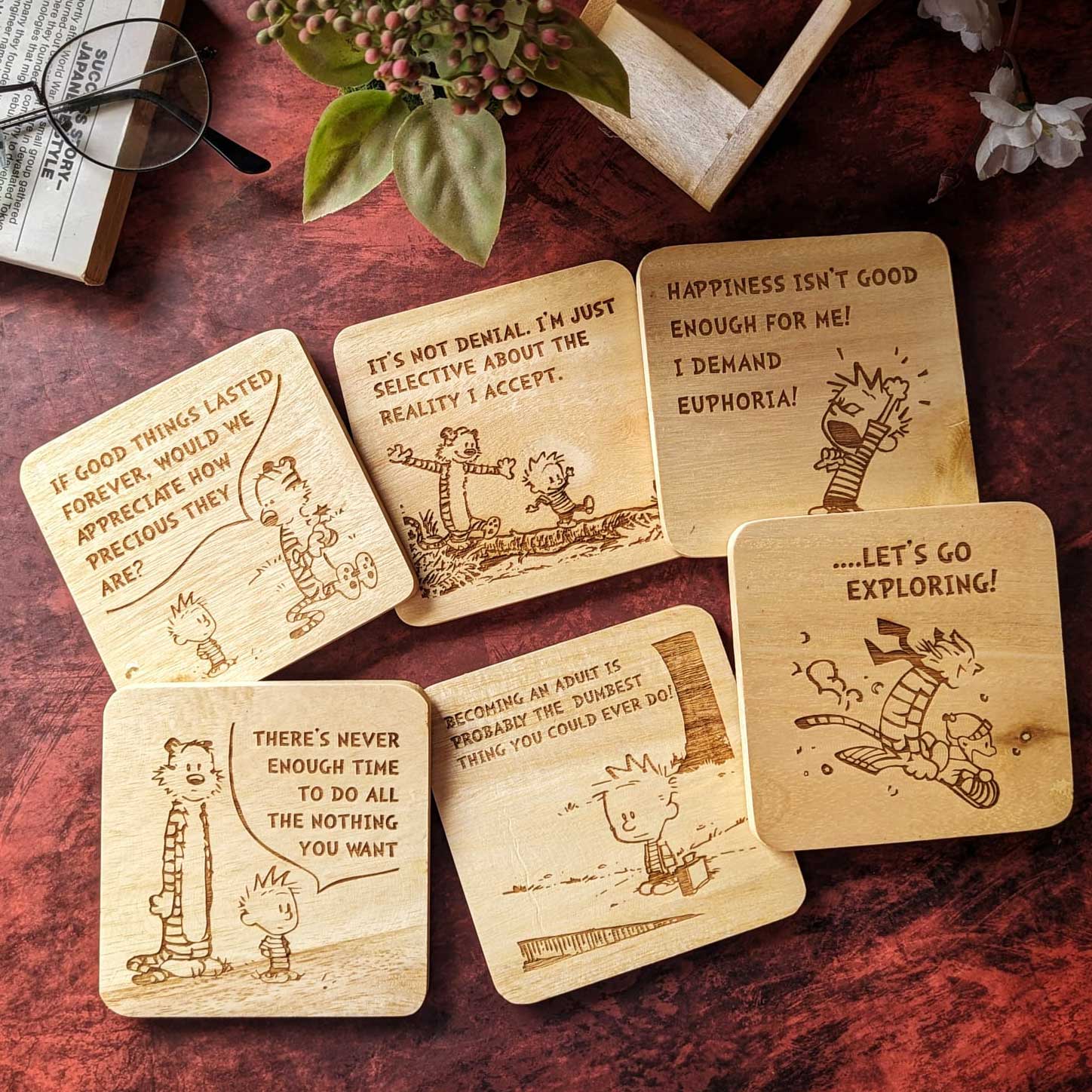Calvin and Hobbes - Wooden Coaster Set With Holder - Image 4