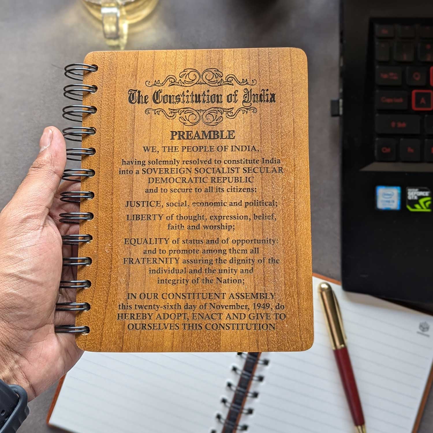 Constitution Of India Engraved Wood Diary | Preamble Wood Notebook - Image 3