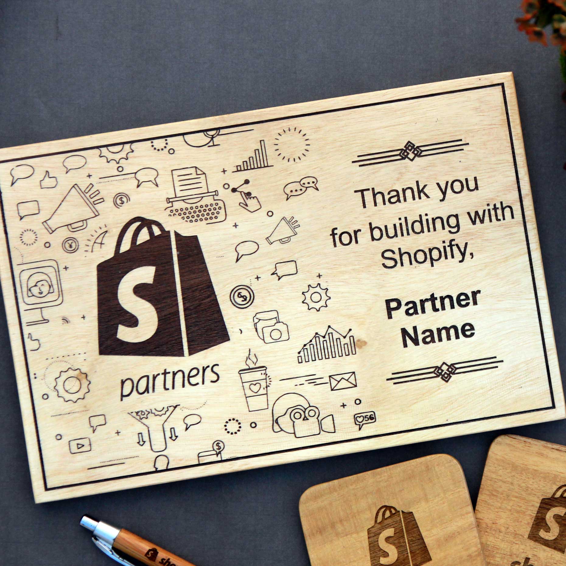 Corporate Gift Set - Engraved Wood Plaque & Wooden Coaster Set - Image 3