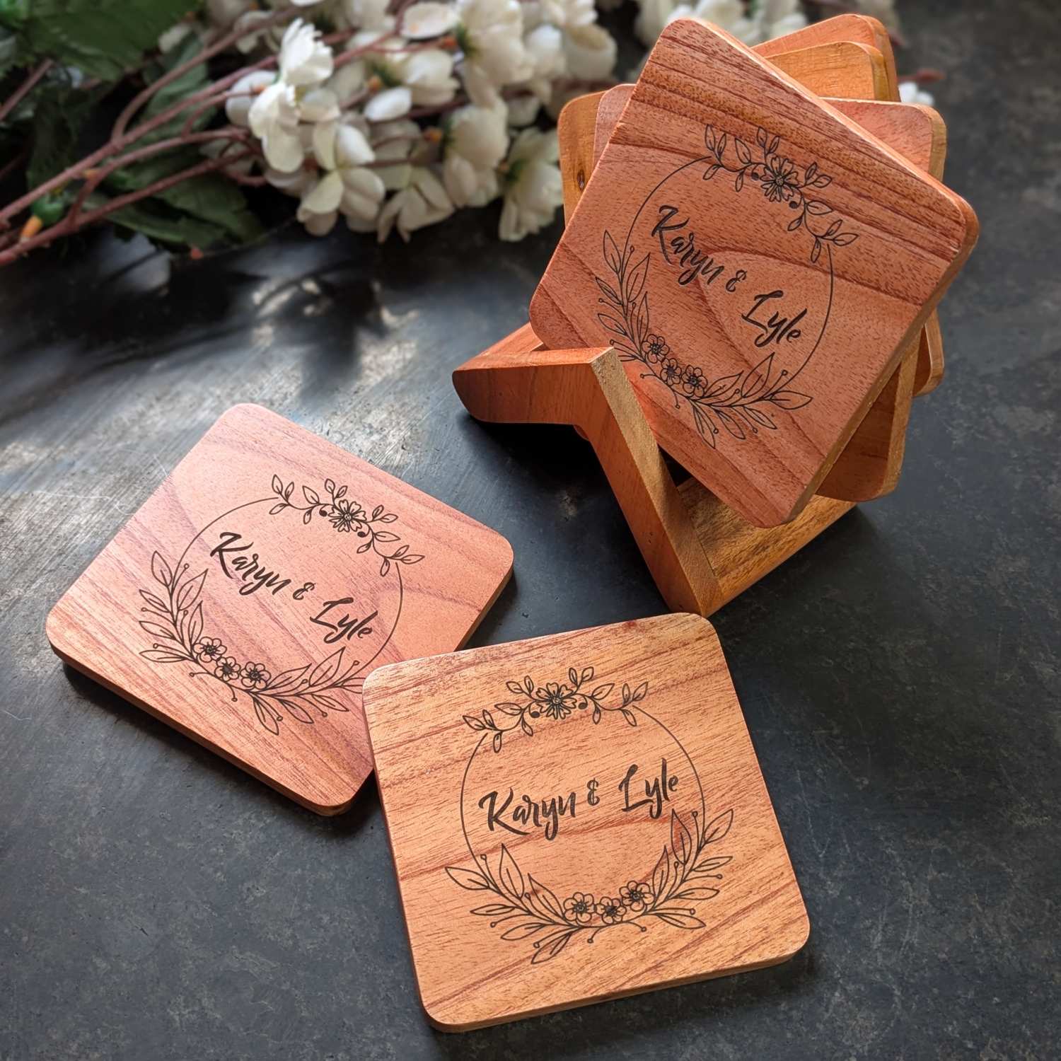 Custom Coasters Engraved With Couple Name - Wooden Coaster Set With Holder - Image 2