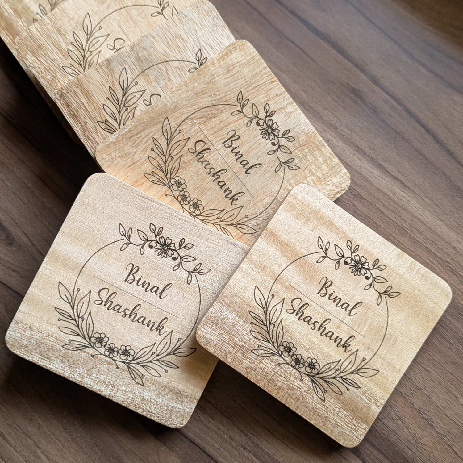 Custom Coasters Engraved With Couple Name - Wooden Coaster Set With Holder - Image 3