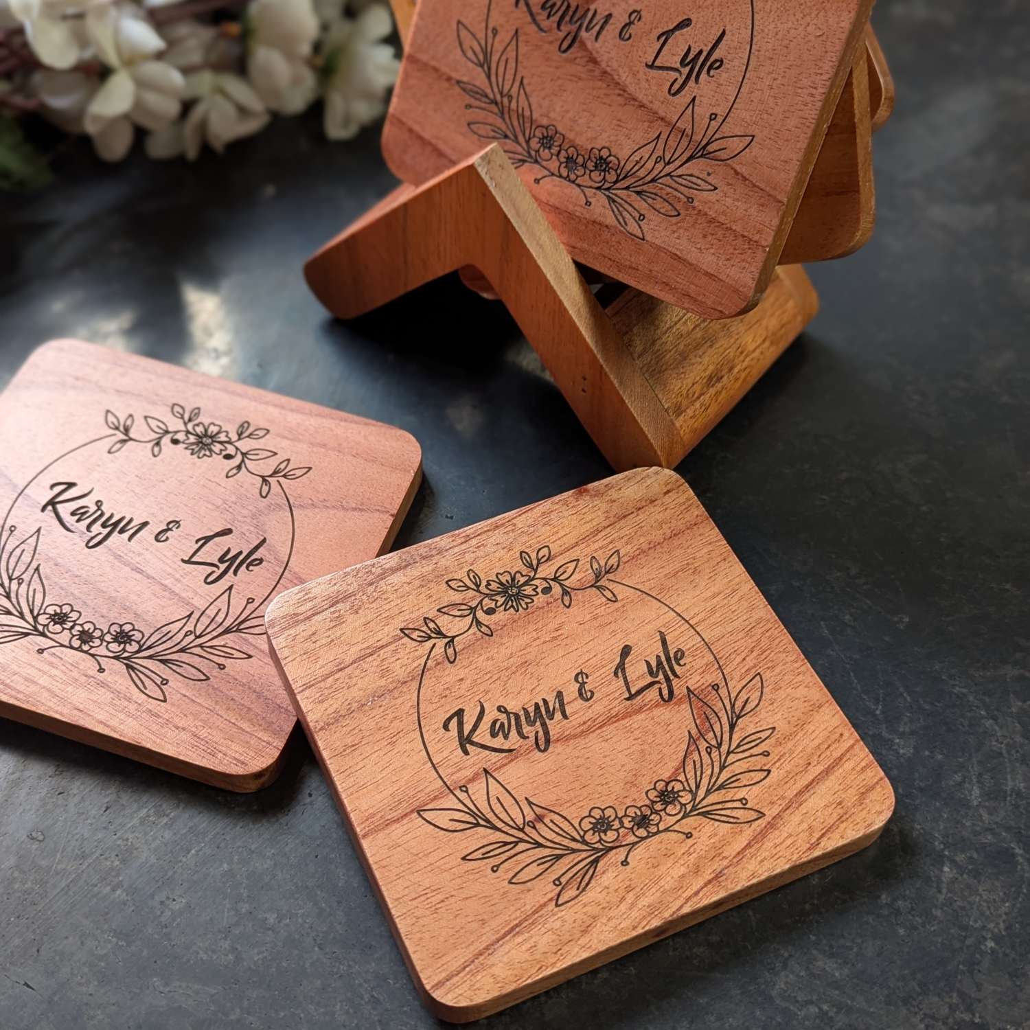 Custom Coasters Engraved With Couple Name - Wooden Coaster Set With Holder - Image 4