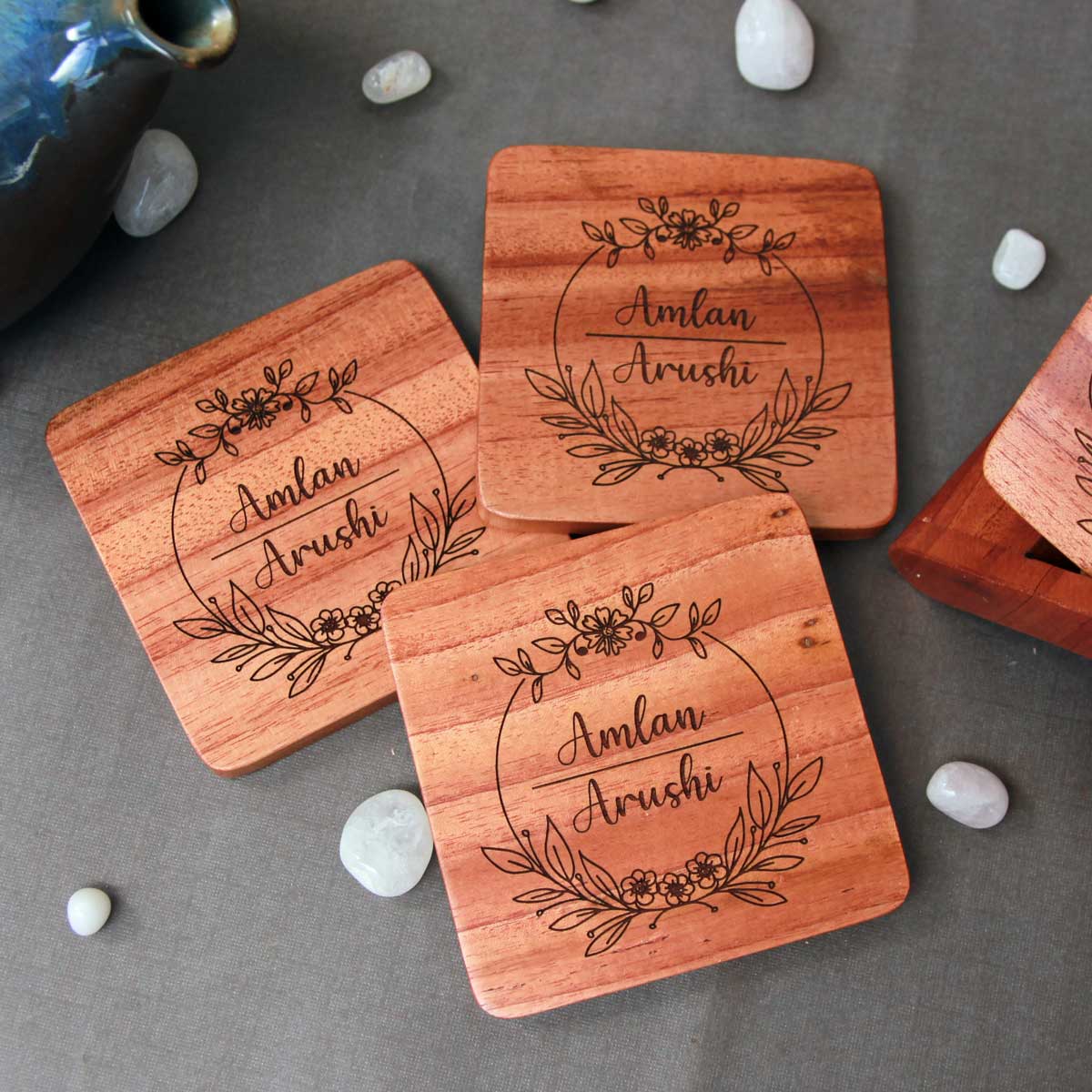 Custom Coasters Engraved With Couple Name - Wooden Coaster Set With Holder - Image 5