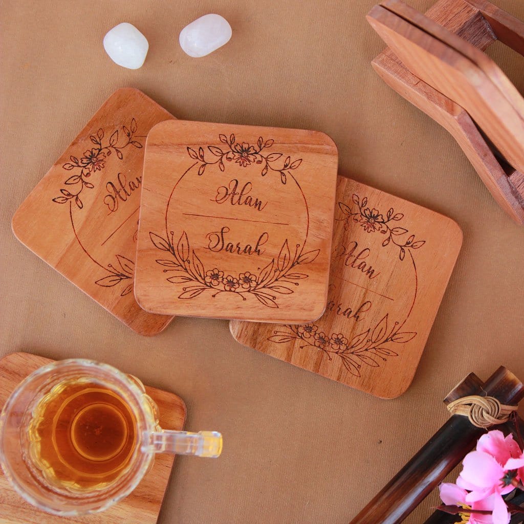 Custom Coasters Engraved With Couple Name - Wooden Coaster Set With Holder - Image 6