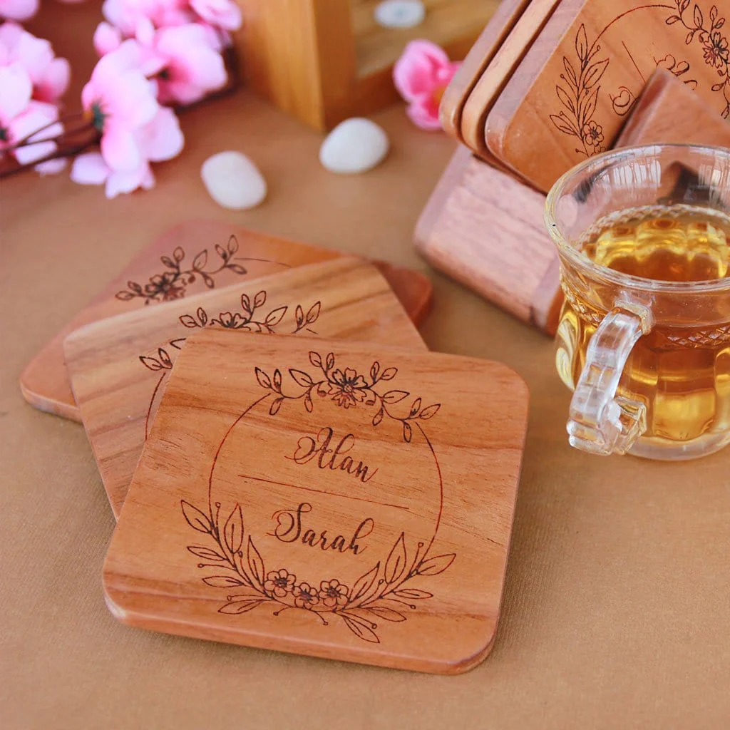 Custom Coasters Engraved With Couple Name - Wooden Coaster Set With Holder - Image 7