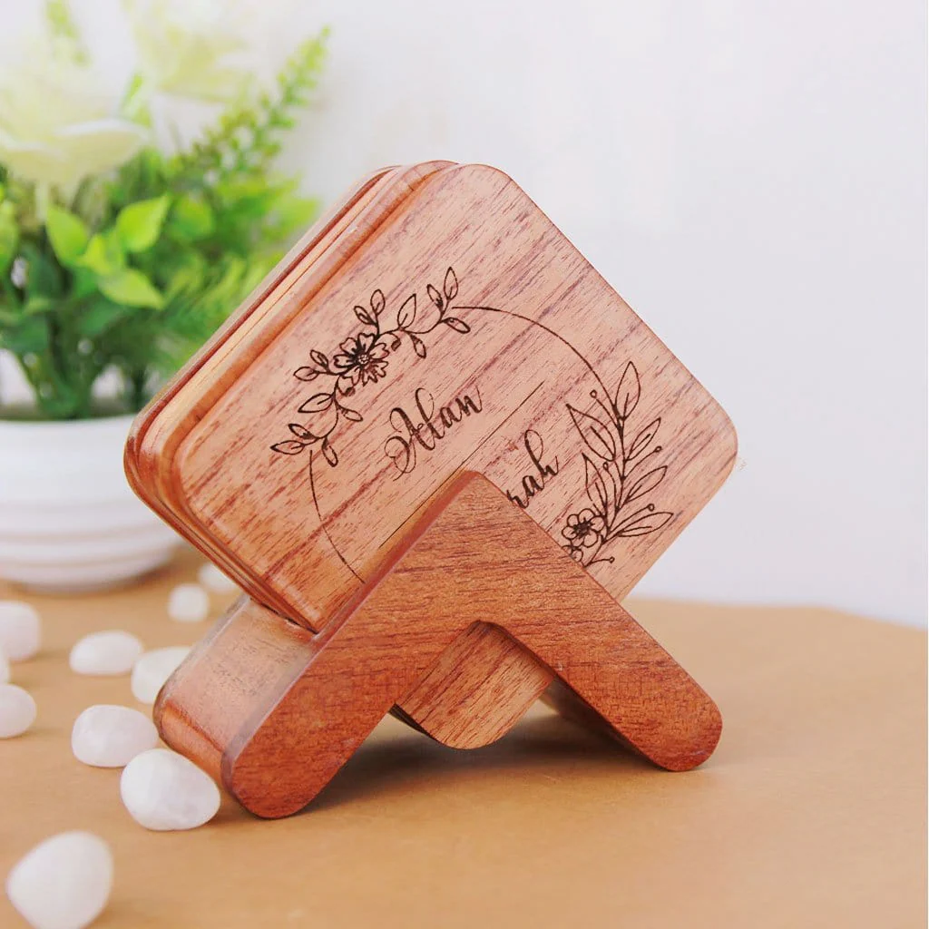 Custom Coasters Engraved With Couple Name - Wooden Coaster Set With Holder - Image 8