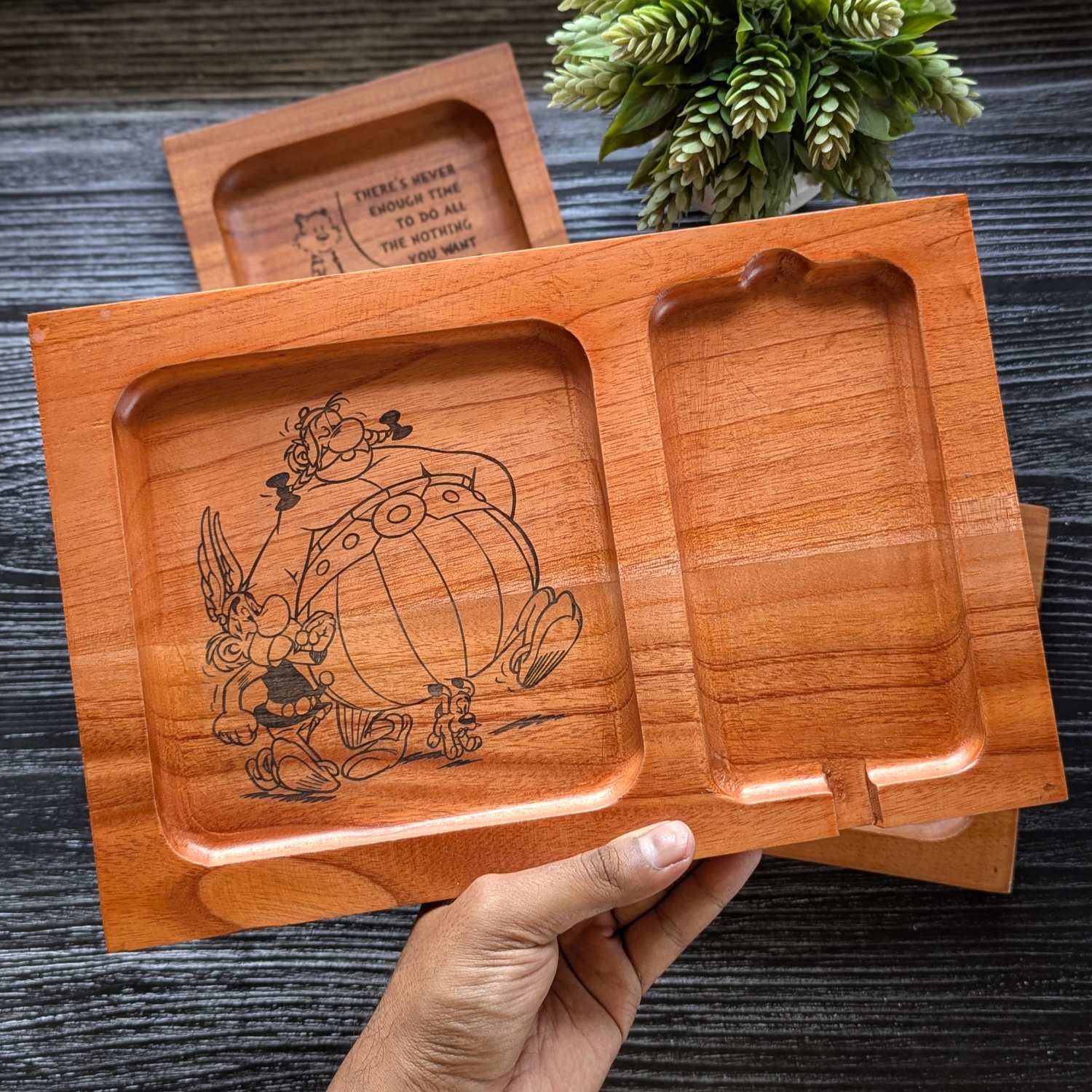 Custom Engraved Asterix & Obelix Wooden Phone Charging Tray | Personalized Desk Organizer - Image 2