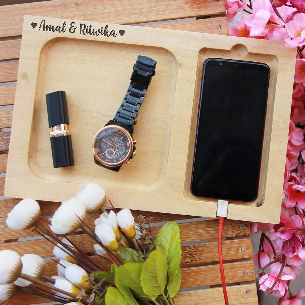 Custom Engraved Asterix & Obelix Wooden Phone Charging Tray | Personalized Desk Organizer - Image 5