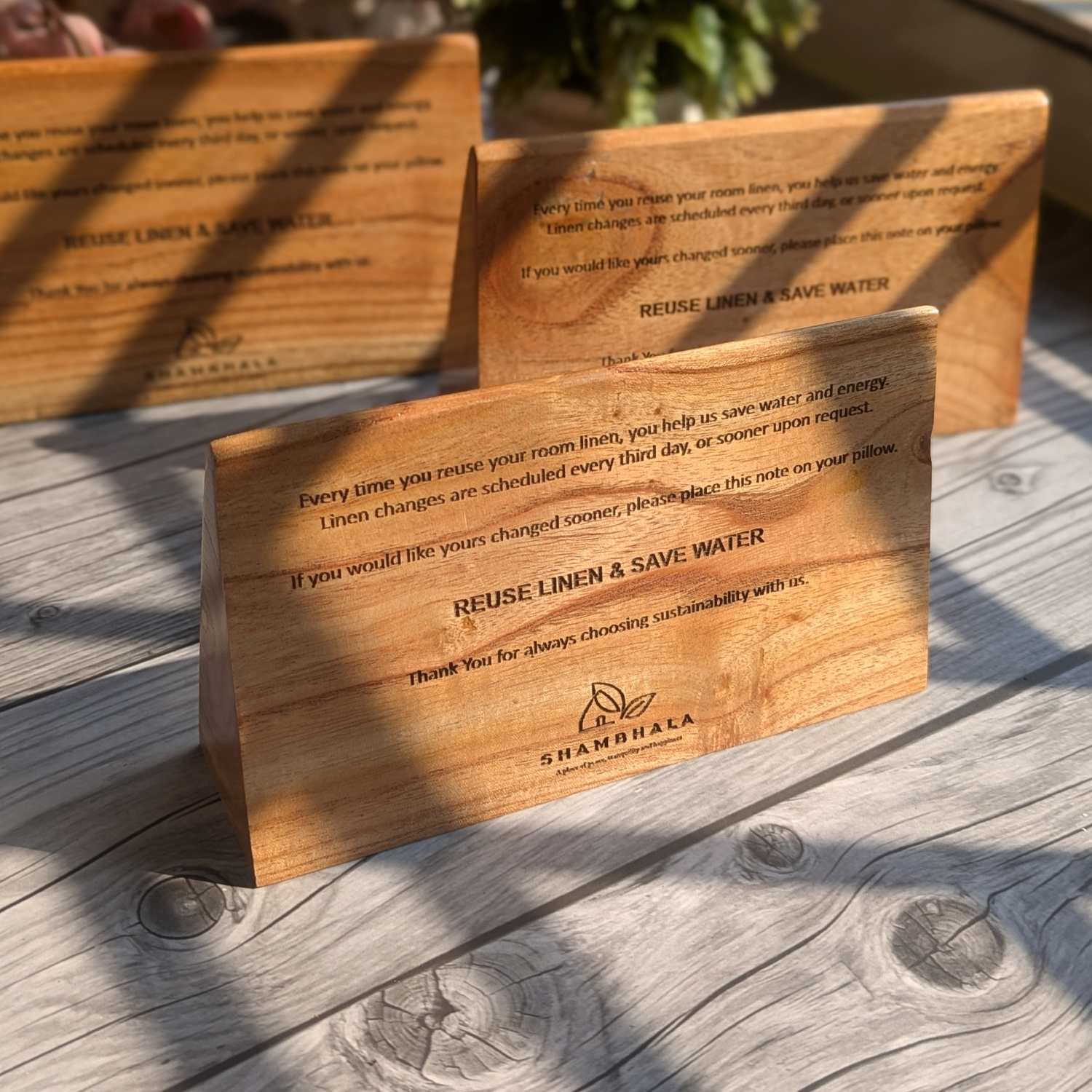 Custom Triangular Wooden Table Standee | Engraved Table Sign for Hotel Rooms & Business - Image 3