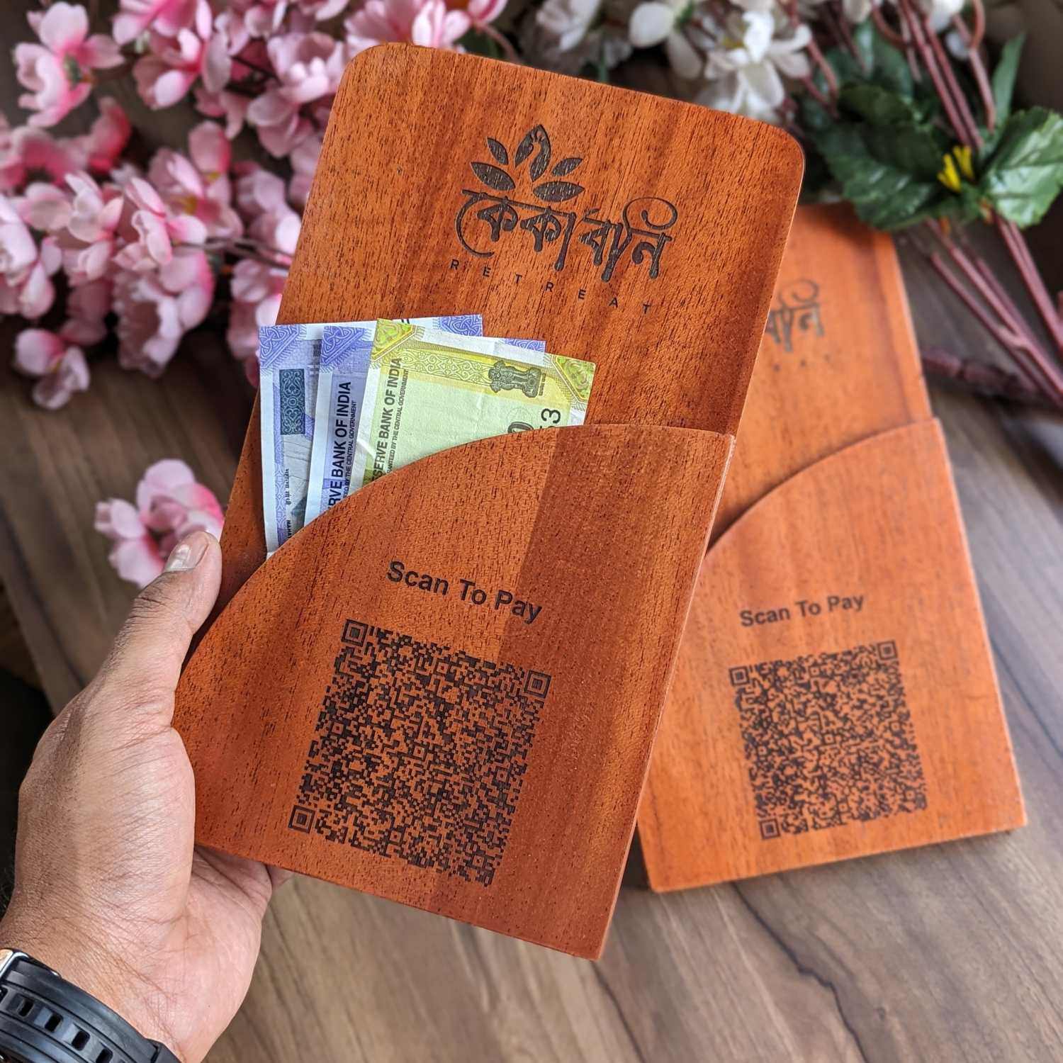 Custom Wooden Bill Folder for Restaurants & Cafés | Engraved QR Code, Card & Cash Folder - Image 3