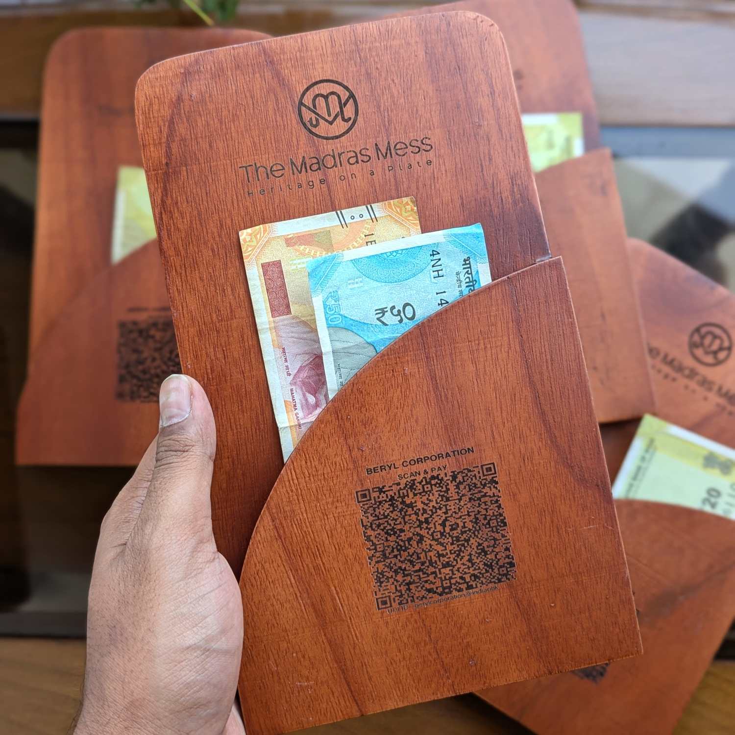 Custom Wooden Bill Folder for Restaurants & Cafés | Engraved QR Code, Card & Cash Folder - Image 6