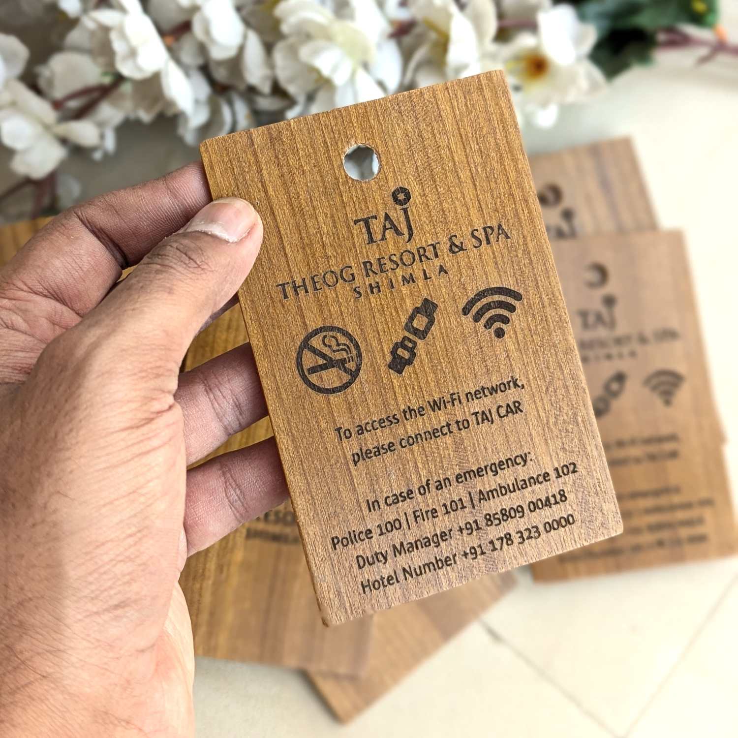 Custom Wooden Information Tag | Engraved Wi-Fi & Emergency Contact Sign for Hotels - Image 3