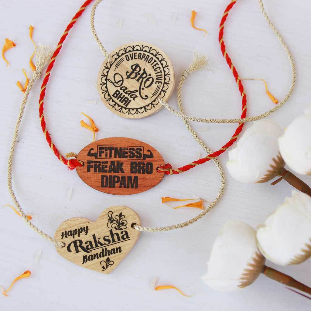 Customize Your Own Wooden Rakhi & Greeting Card - Set Of 3