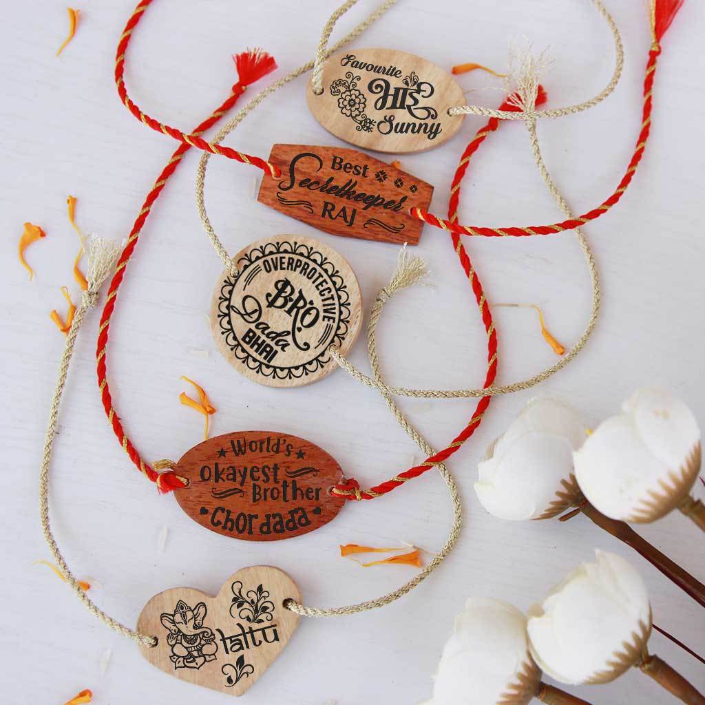 Customize Your Own Wooden Rakhi & Greeting Card - Set Of 5