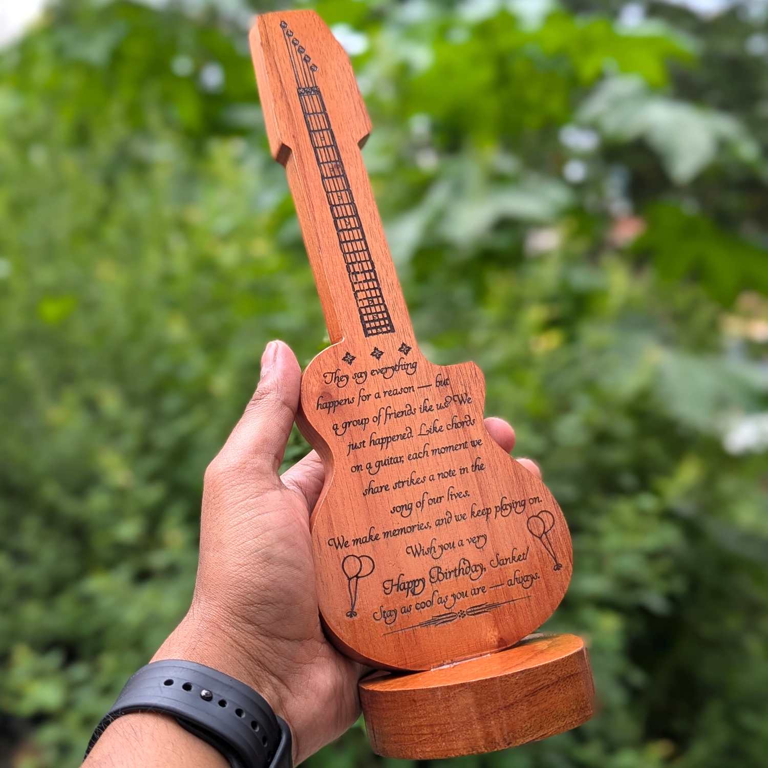Happy Birthday Award Memento | Customized Guitar-Shaped Wood Trophy - Image 2