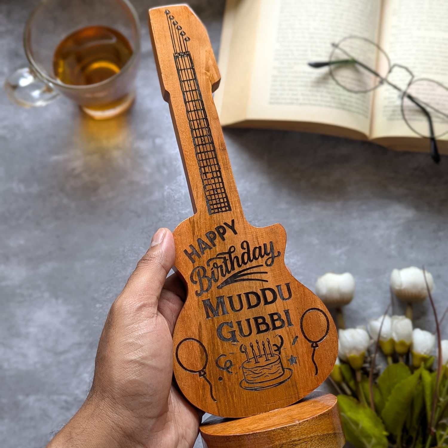 Happy Birthday Award Memento | Customized Guitar-Shaped Wood Trophy - Image 3