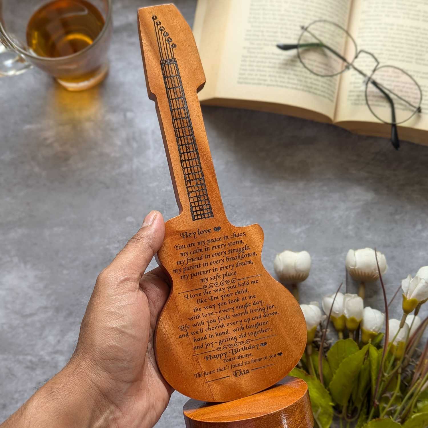Happy Birthday Award Memento | Customized Guitar-Shaped Wood Trophy - Image 4