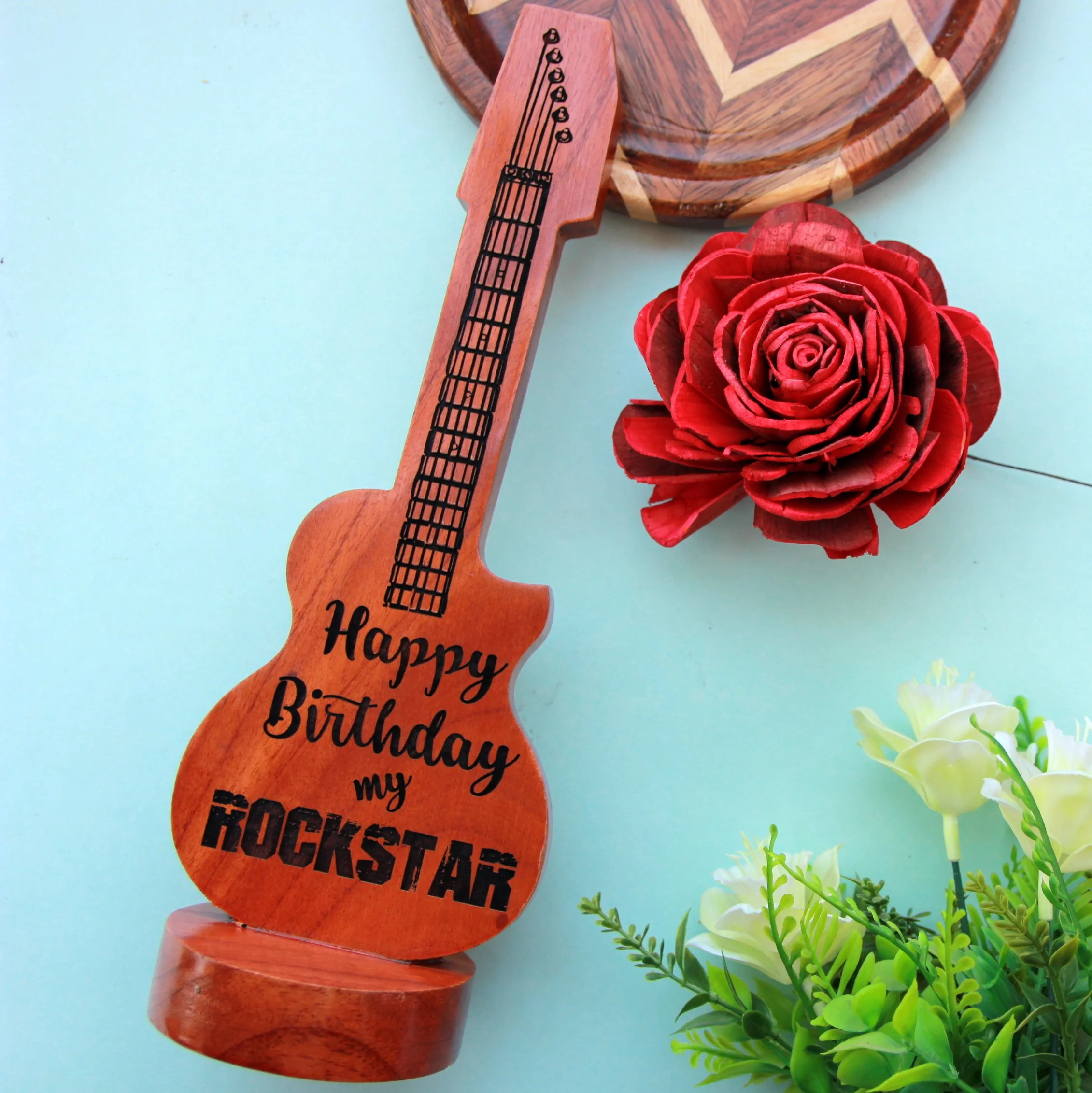 Happy Birthday Award Memento | Customized Guitar-Shaped Wood Trophy - Image 6