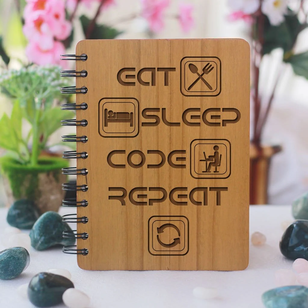 Eat Sleep Code Repeat - Personalized Wooden Notebook