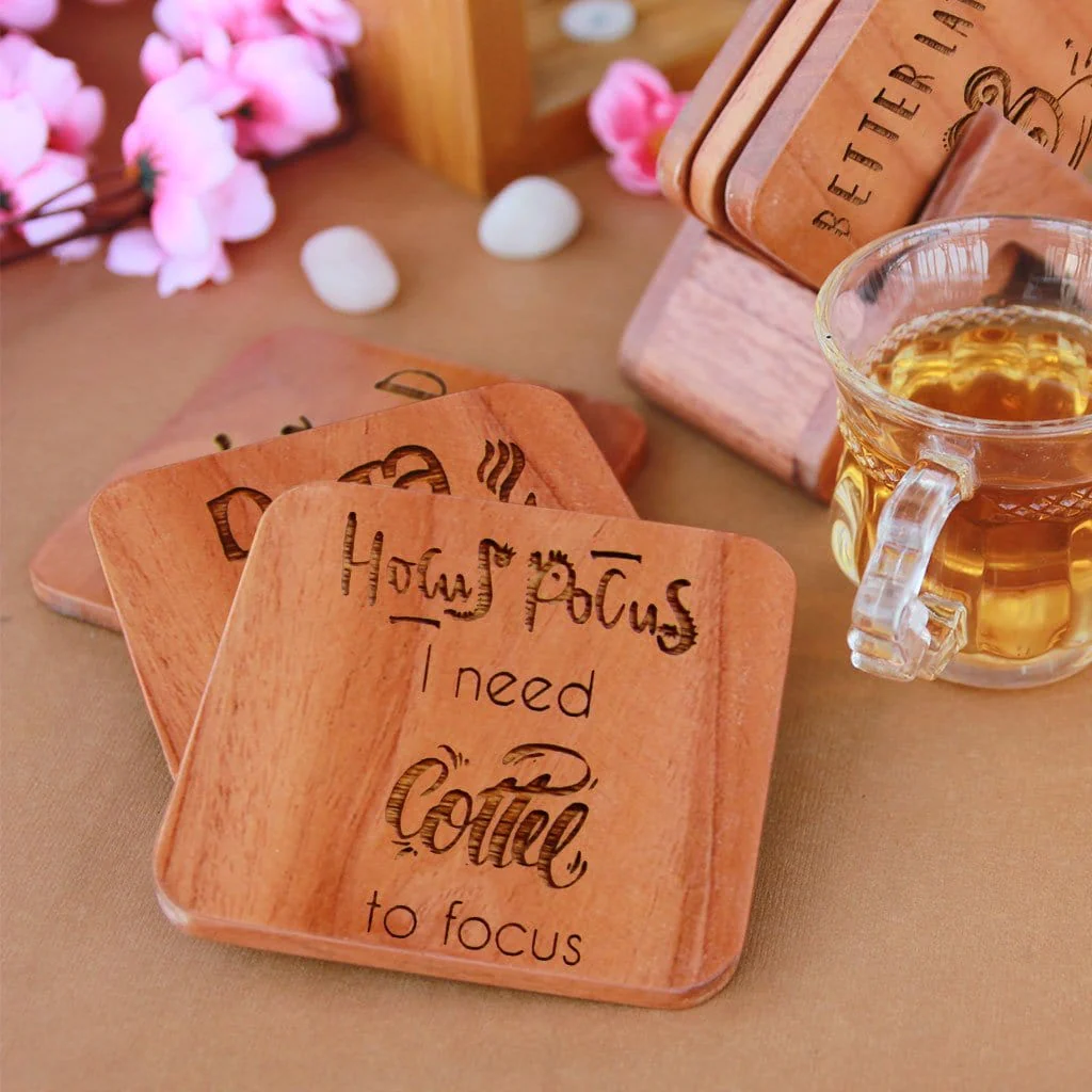Engraved Coffee Coasters - Wooden Coaster Set With Holder - Image 2