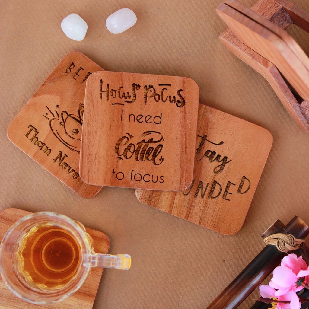 Engraved Coffee Coasters - Wooden Coaster Set With Holder - Image 3