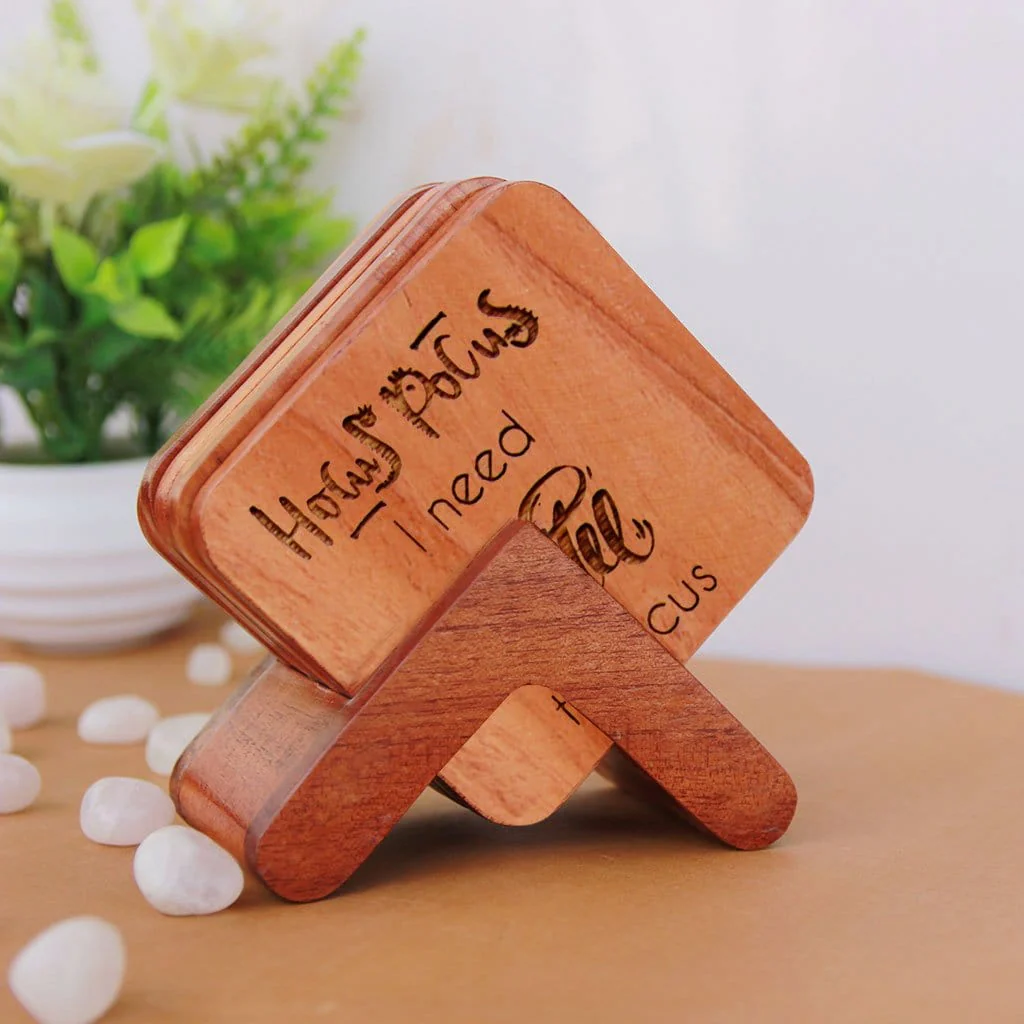 Engraved Coffee Coasters - Wooden Coaster Set With Holder - Image 4