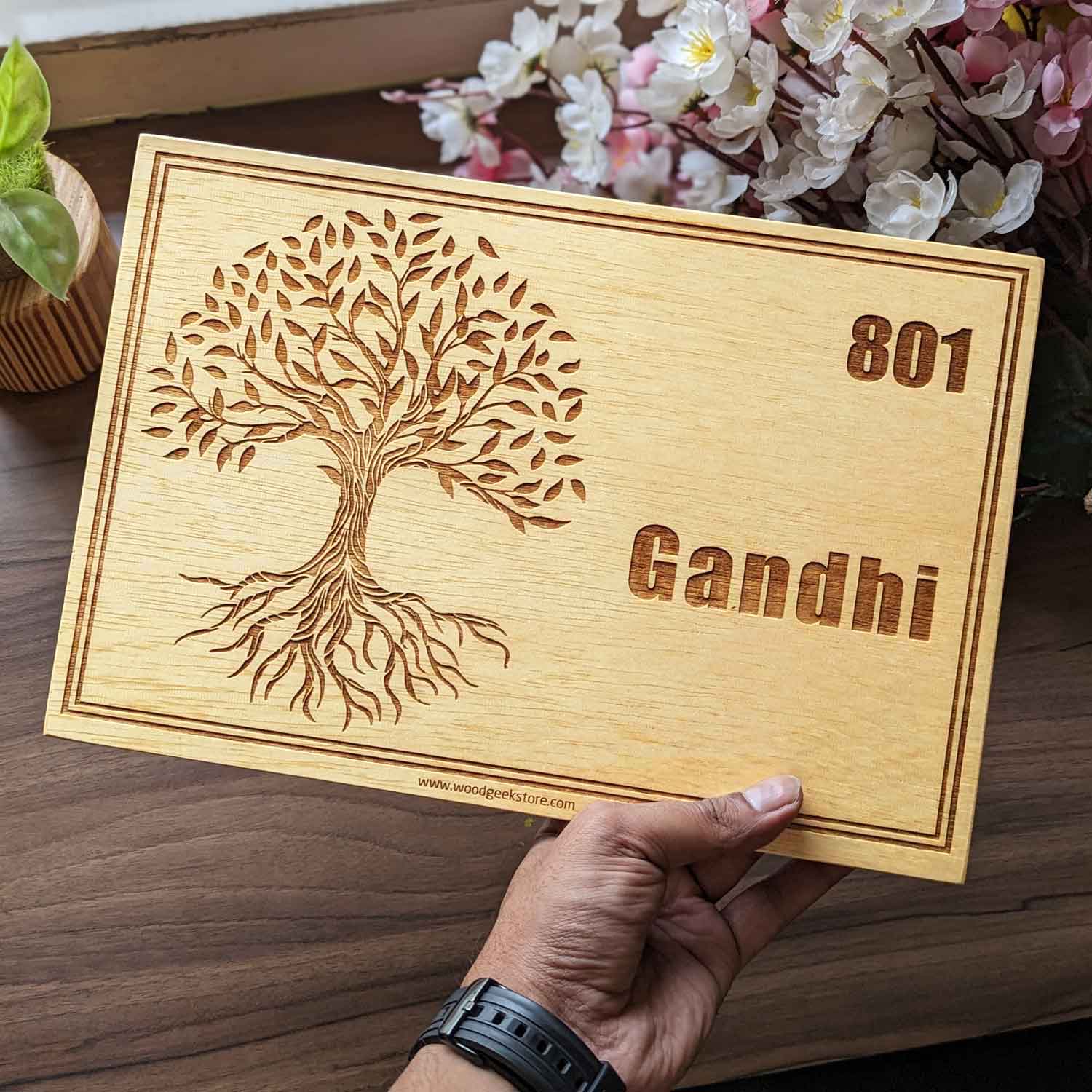 Custom Wooden Nameplate for Home Entrance | Personalized Tree of Life House Sign - Image 3