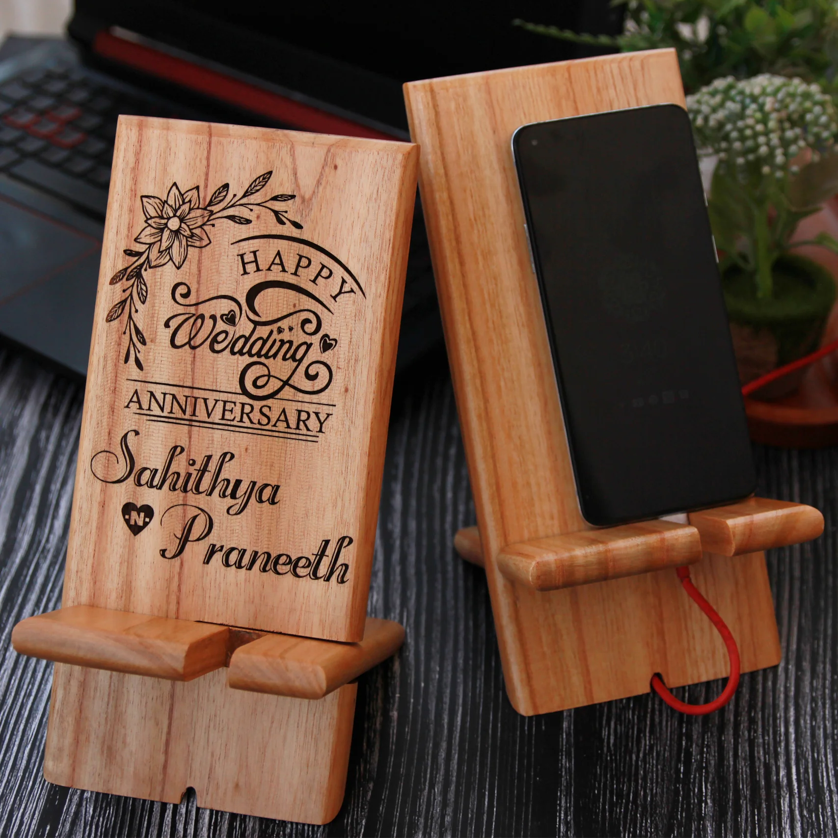 Engraved Wooden Mobile Phone Stand | Wedding Anniversary Gift - Image 2
