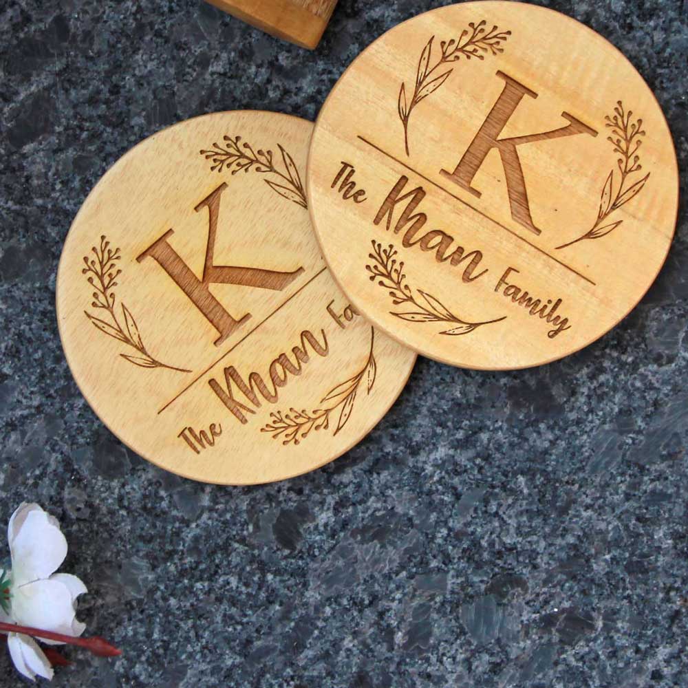 Family Name Coasters: Monogram Coasters - Wooden Coaster Set With Holder - Image 3