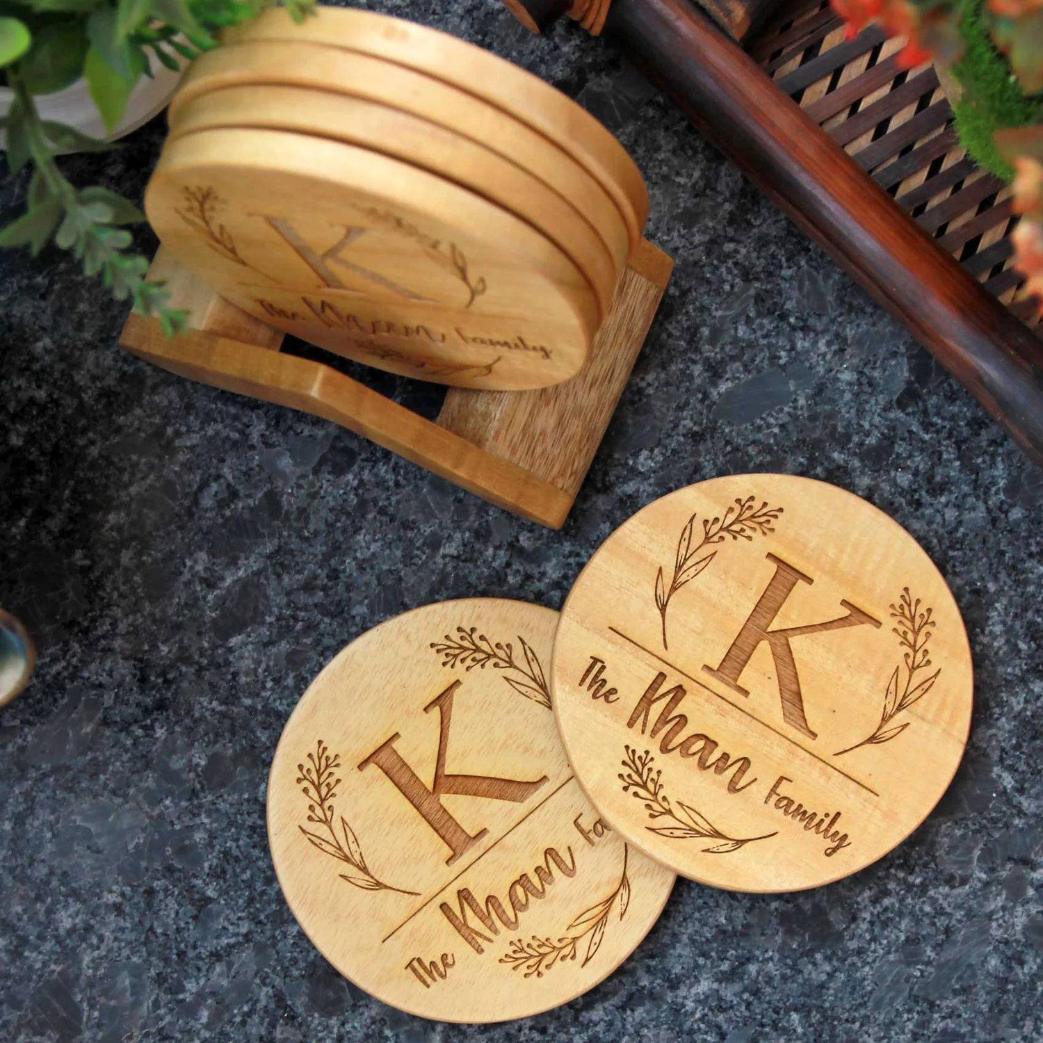 Family Name Coasters: Monogram Coasters - Wooden Coaster Set With Holder - Image 4