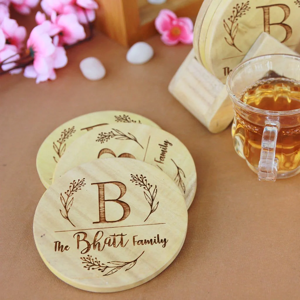 Family Name Coasters: Monogram Coasters - Wooden Coaster Set With Holder - Image 6