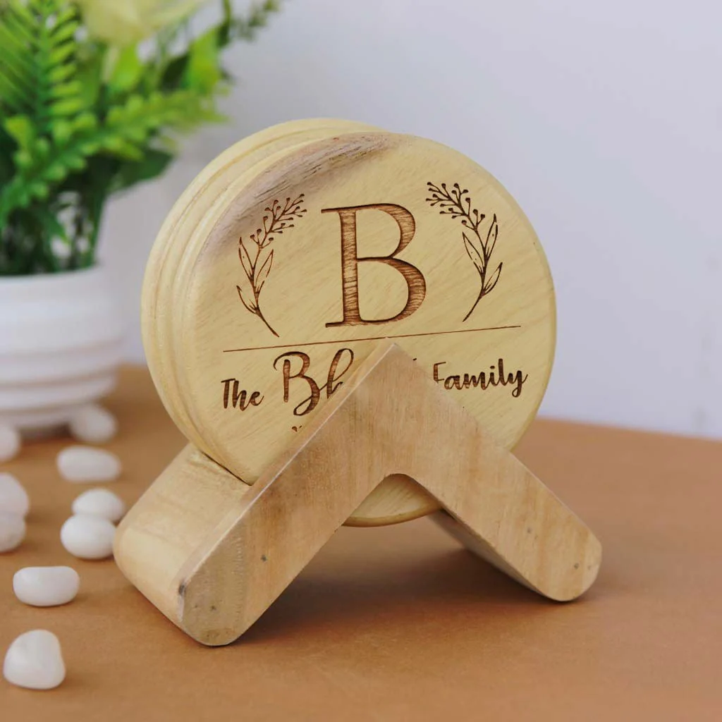 Family Name Coasters: Monogram Coasters - Wooden Coaster Set With Holder - Image 7