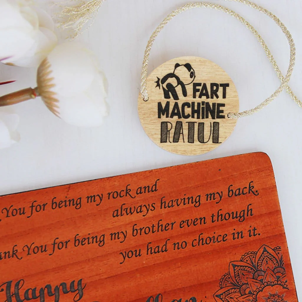Fart Machine - Personalised Wooden Rakhi & Greeting Card
