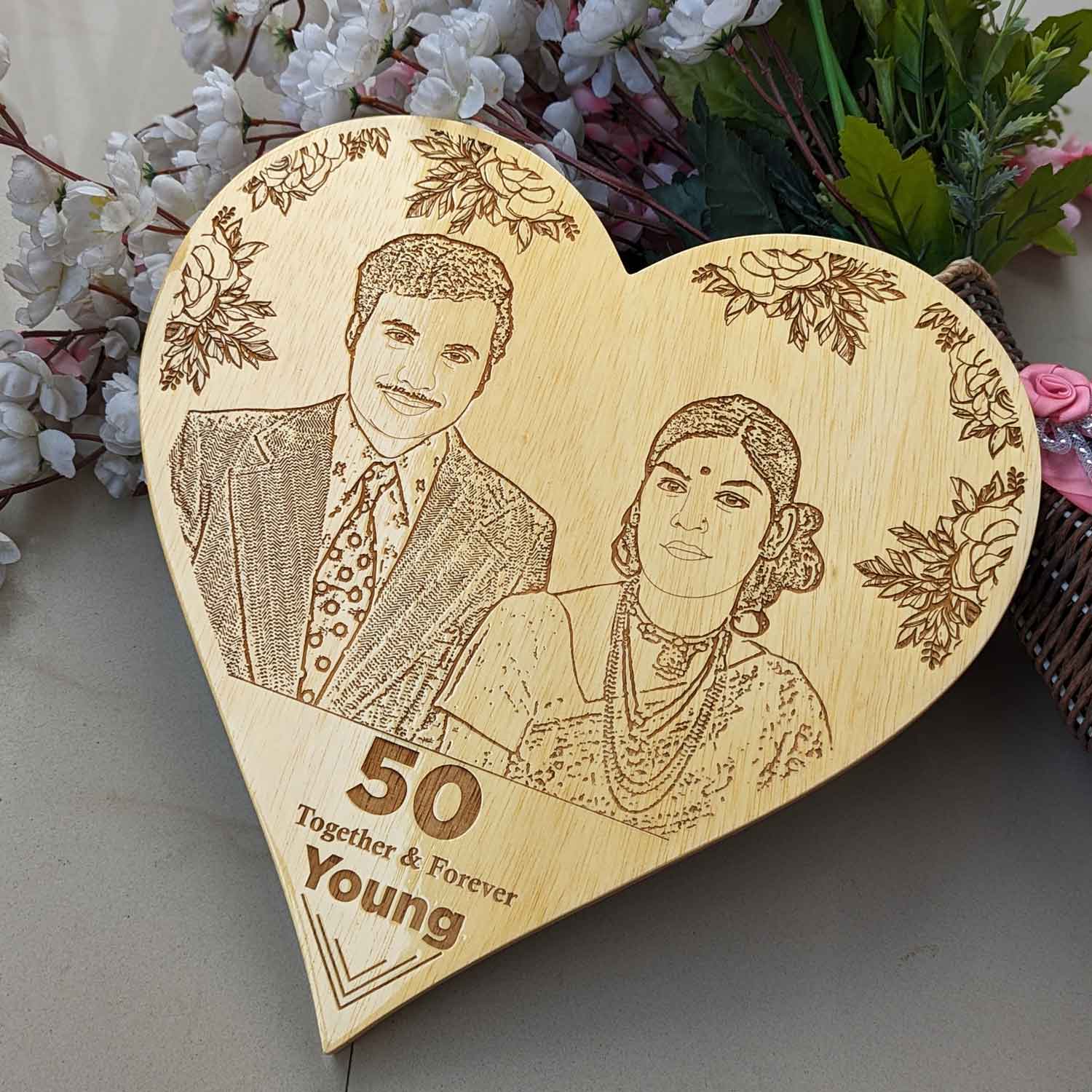 Golden Love - Personalized 50th Anniversary Wooden Heart Plaque - Image 2