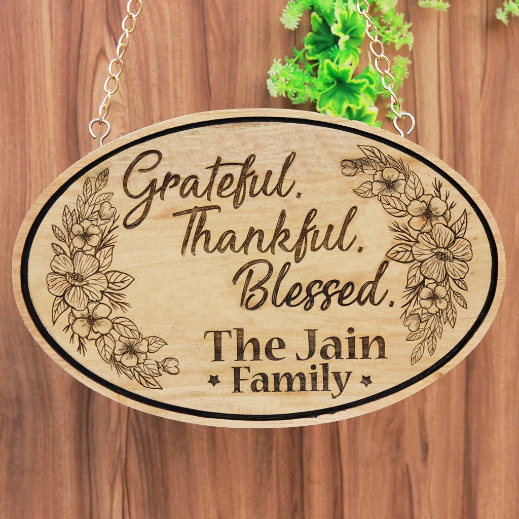 Grateful. Thankful. Blessed - Personalized Hanging Wooden Sign