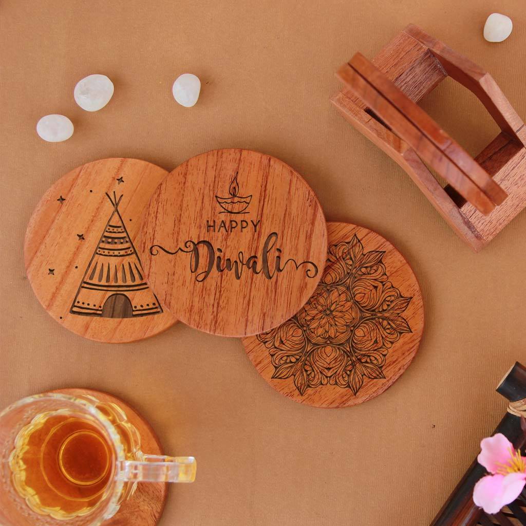 Happy Diwali Table Coasters - Wooden Coaster Set With Holder
