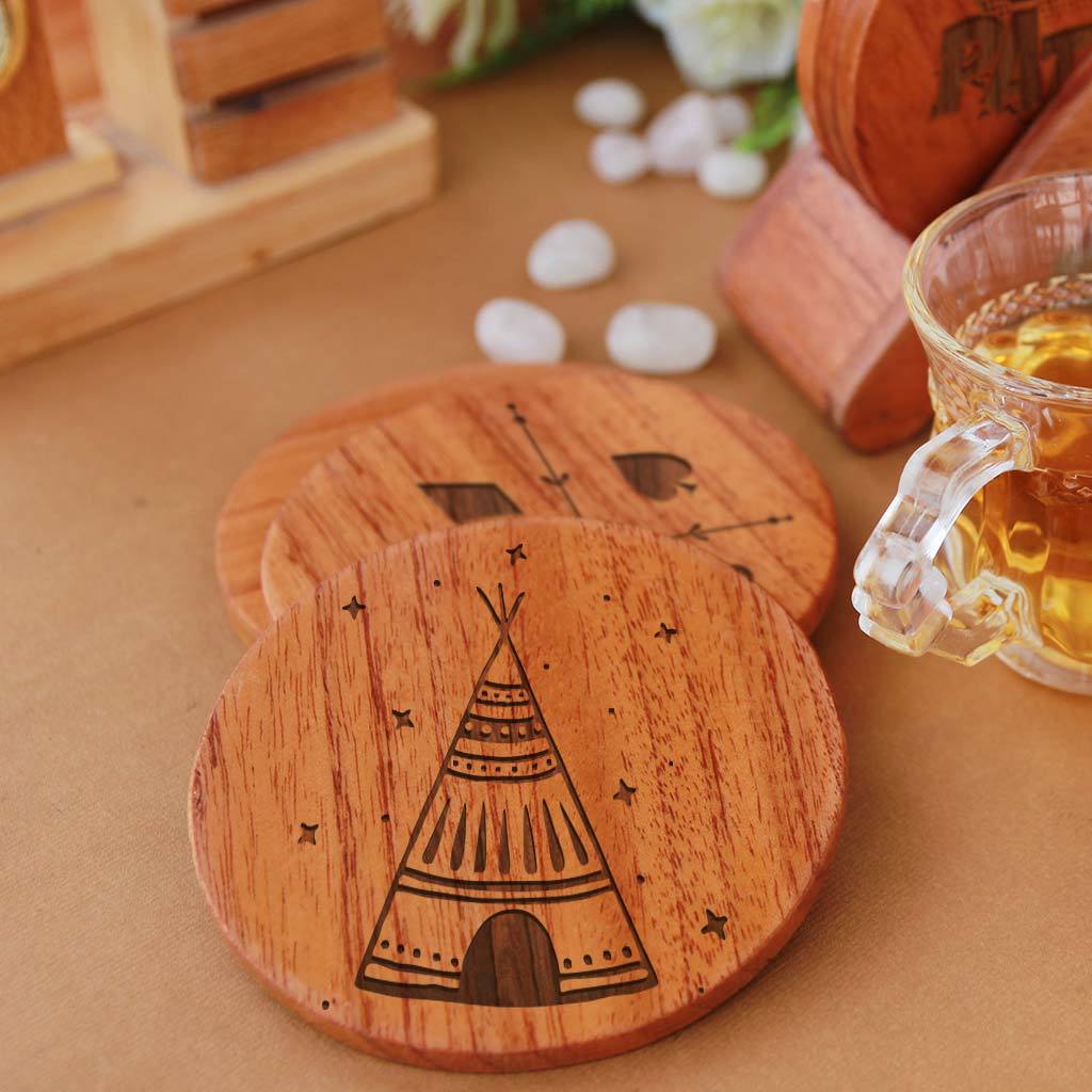Happy Diwali Table Coasters - Wooden Coaster Set With Holder - Image 2