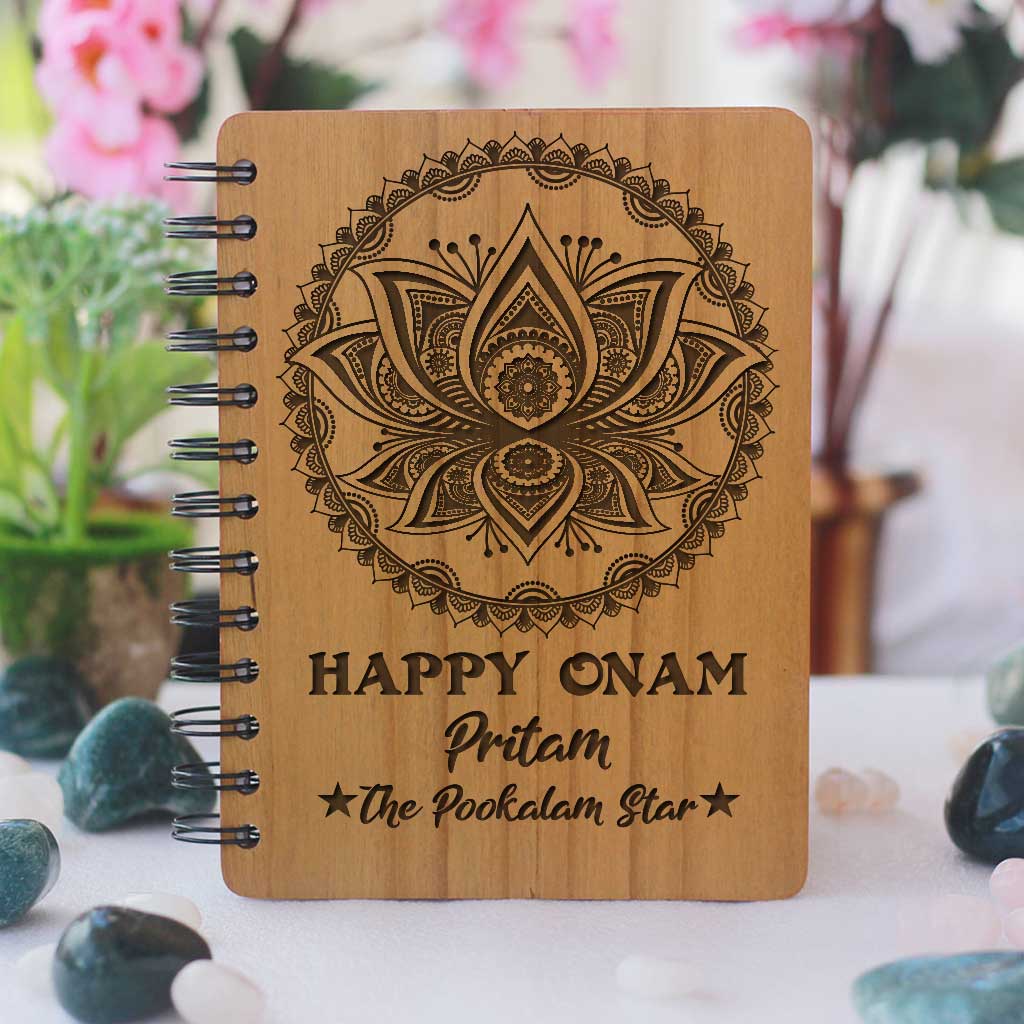 Happy Onam Wooden Notebook Engraved With Pookalam