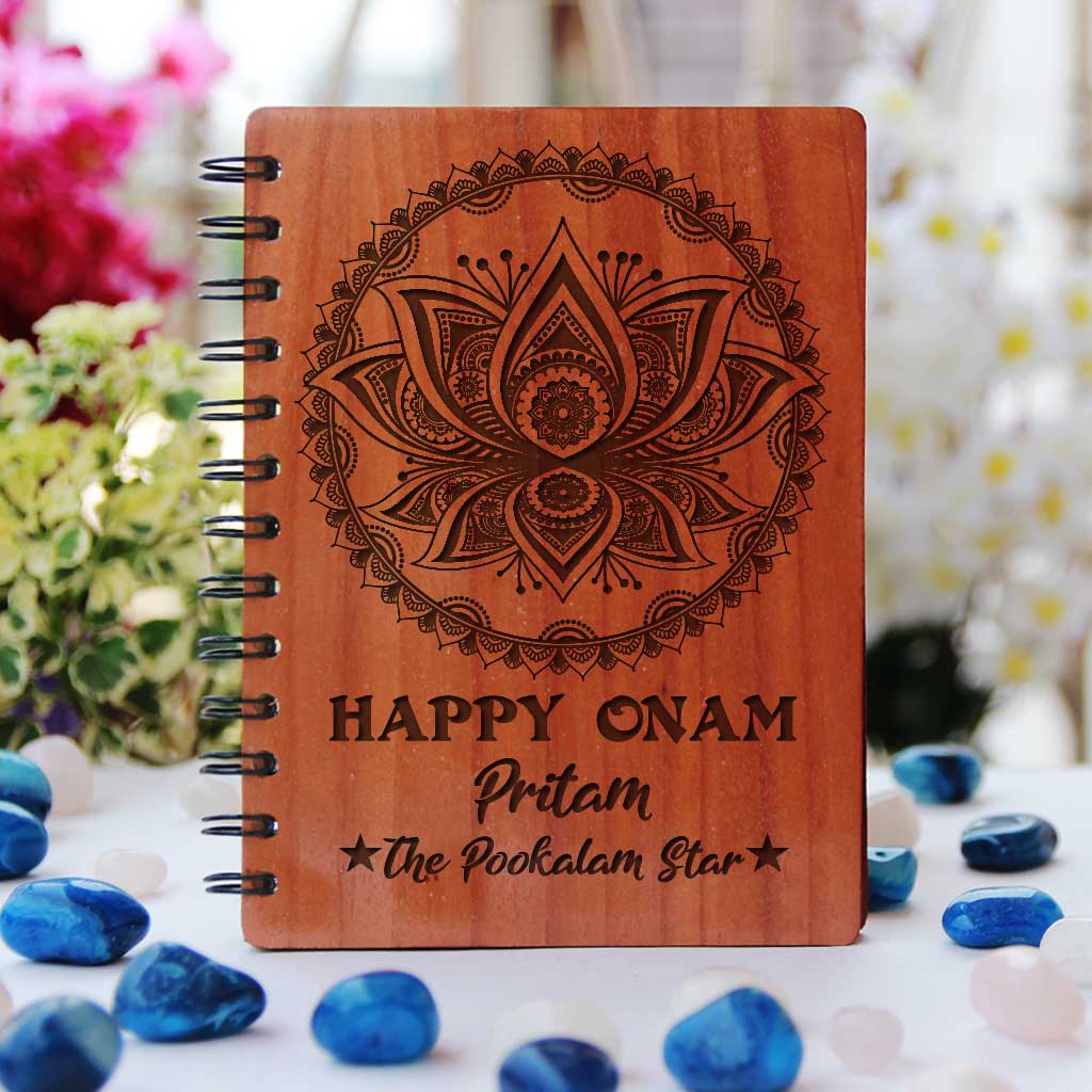 Happy Onam Wooden Notebook Engraved With Pookalam - Image 2