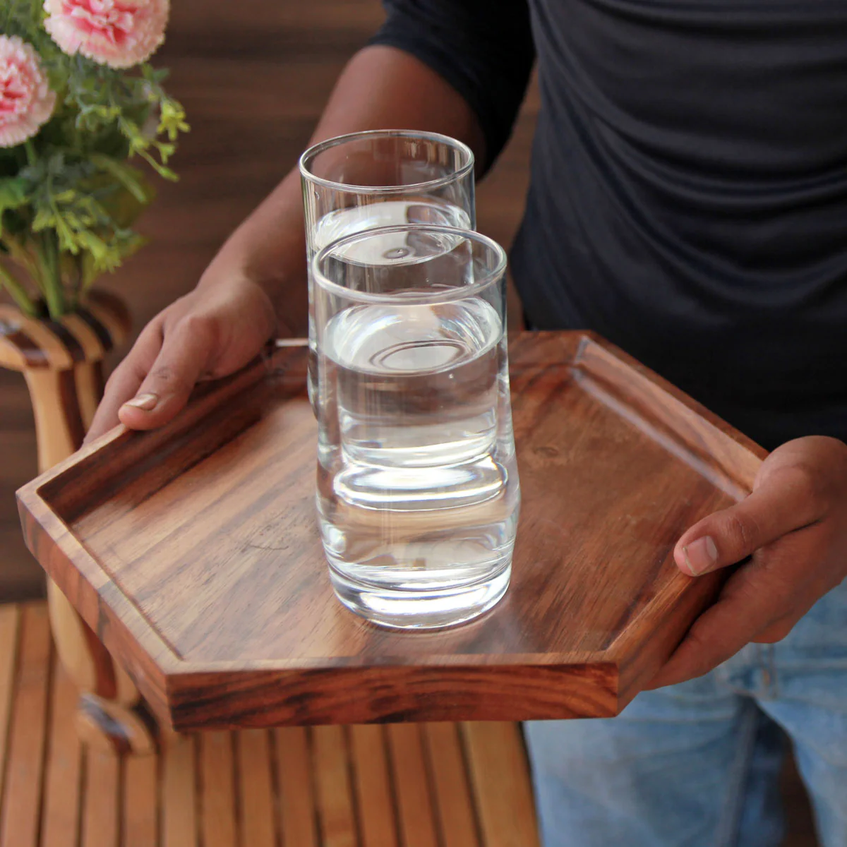 Hexagonal Wooden Serving Tray | Minimalist Wood Decorative Tray - Image 2