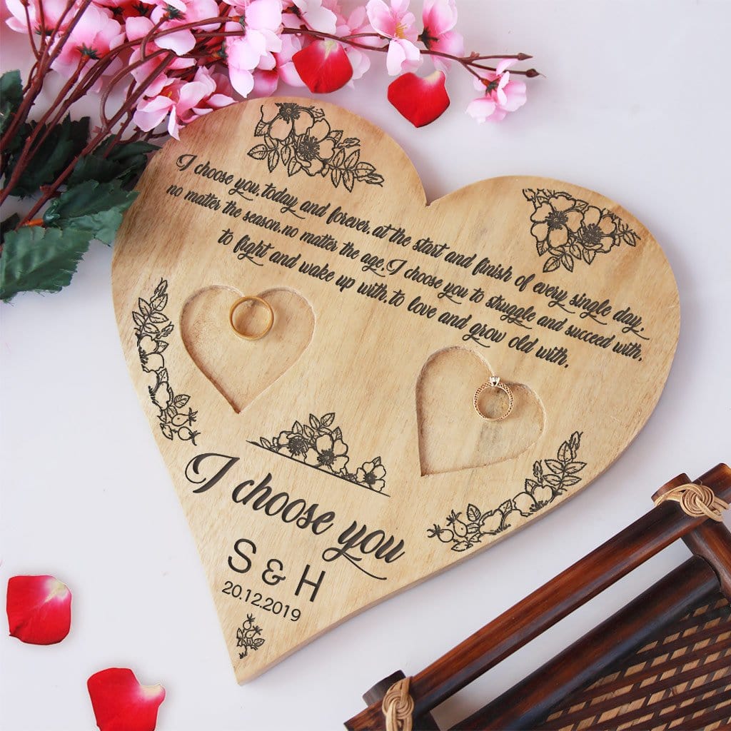 I Choose You Heart Ring Holder - Wooden Engagement Ring Tray & Wedding Ring Holder