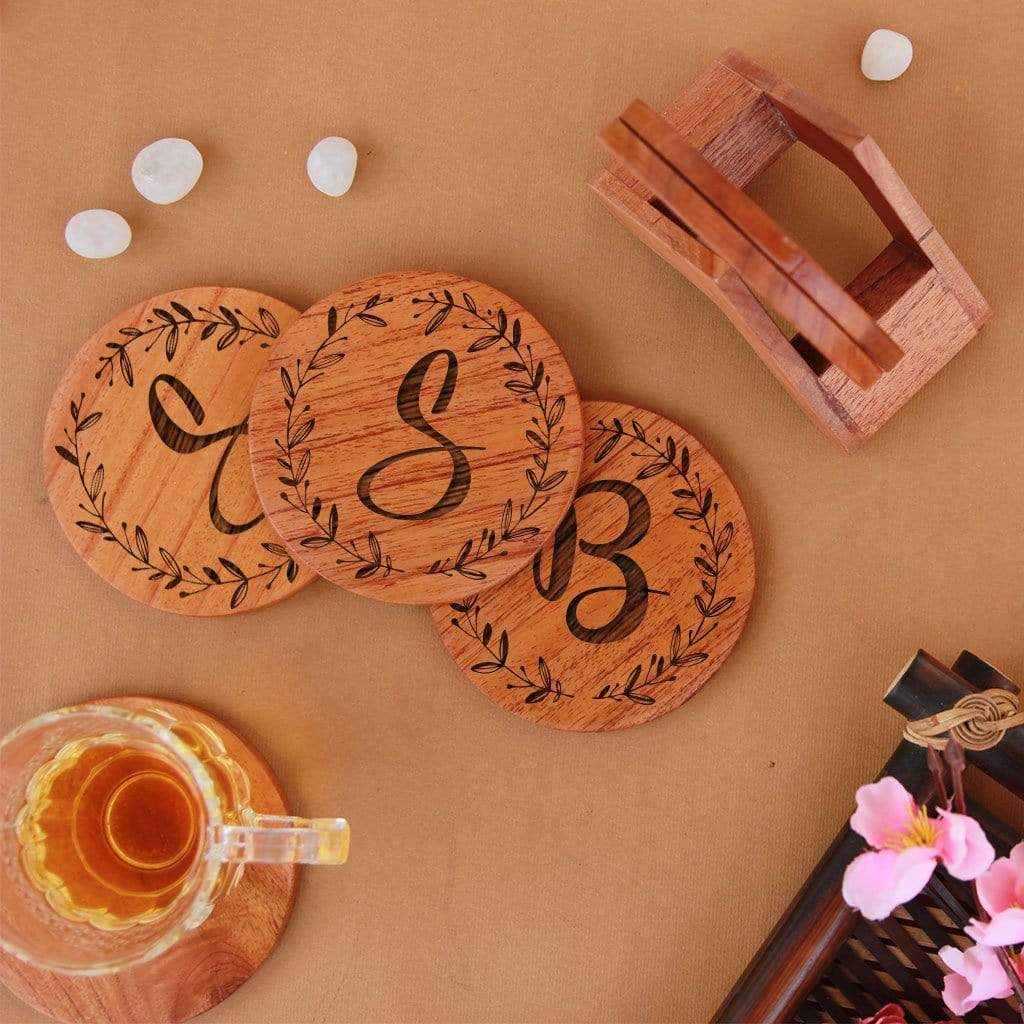Initial Coasters: Monogram Coasters - Wooden Coaster Set With Holder - Image 2