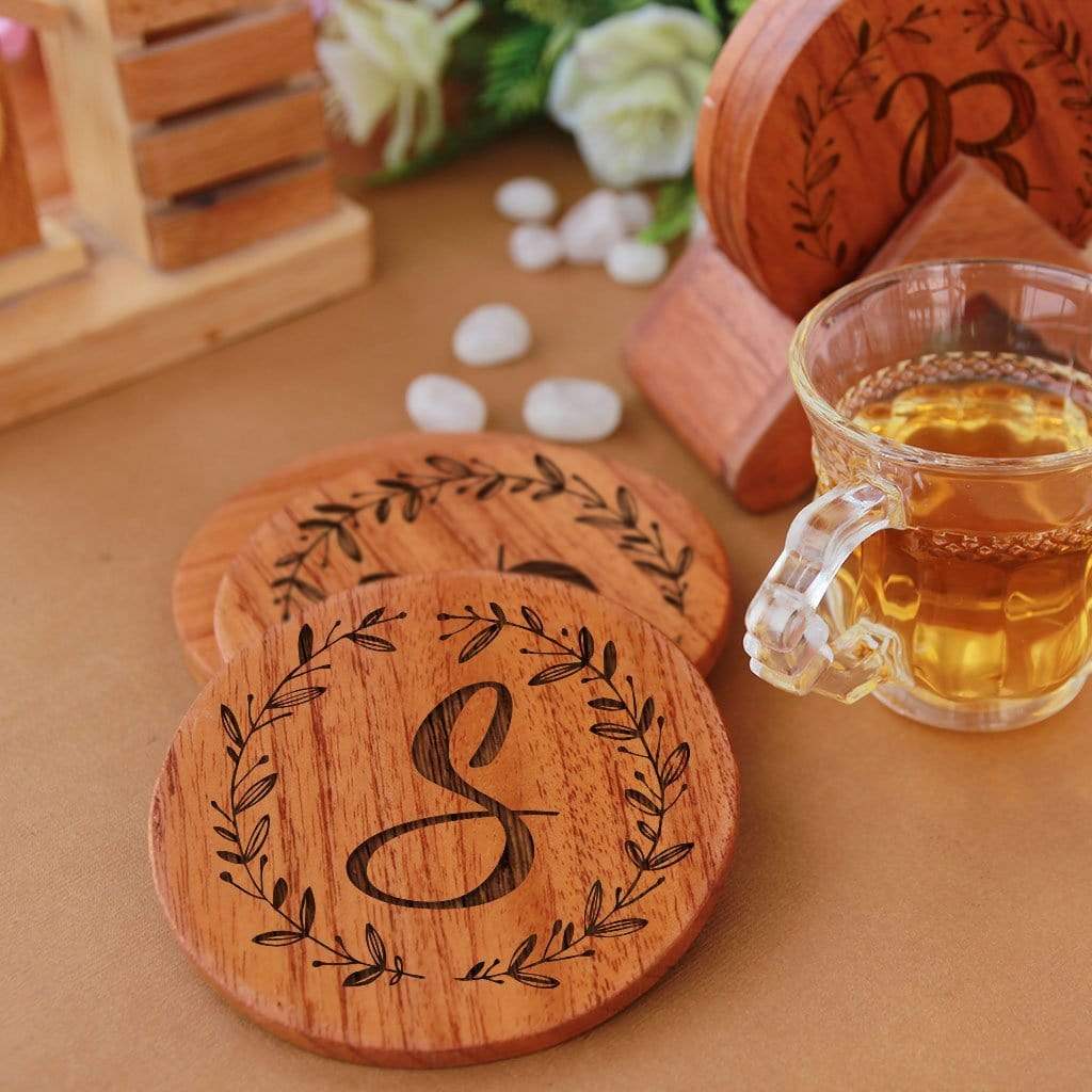 Initial Coasters: Monogram Coasters - Wooden Coaster Set With Holder - Image 3