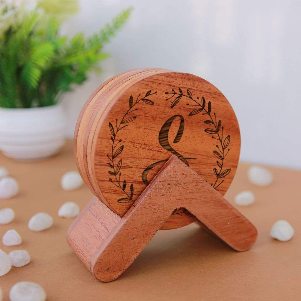 Initial Coasters: Monogram Coasters - Wooden Coaster Set With Holder - Image 4