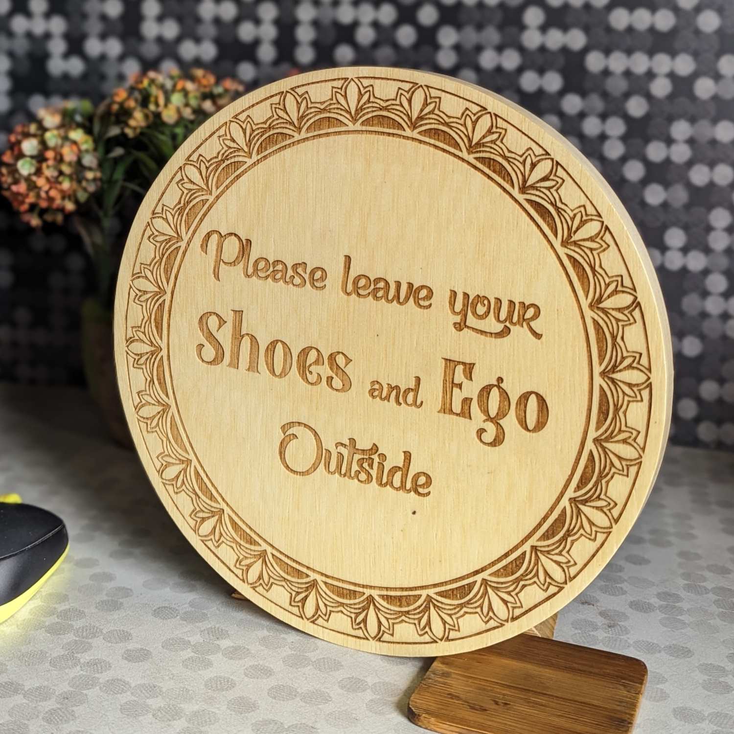 Leave Your Shoes & Ego Outside – Custom Engraved Wooden Welcome Sign - Image 2